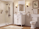 Antique white Rocaille Victorian bathroom vanity, angle view in a bathroom beside a walk-in shower