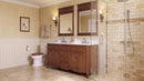 Antique brown Rocaille Victorian double vanity, angle view in a bathroom with two mirrors and glass shower