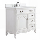 Chans Furniture Rocaille Victorian bathroom vanity, white with a distressed finish, single sink, angled side view