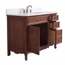 Antique brown Rocaille Victorian bathroom vanity, angle view with open doors and drawers