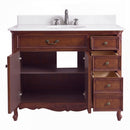 Antique brown Rocaille Victorian bathroom vanity, front view with open doors showing the shelf