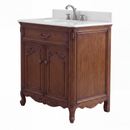 Antique brown Rocaille Victorian bathroom vanity with white quartz top, angle view