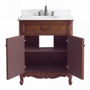Antique brown Rocaille Victorian bathroom vanity with open doors showing the shelf