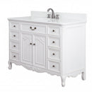Chans Furniture Rocaille Victorian bathroom vanity, white with a distressed finish, single sink, angled side view