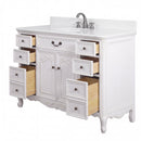 Chans Furniture Rocaille Victorian bathroom vanity, white with a distressed finish, single sink, angled view, drawers open