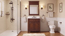 Antique brown Rocaille Victorian bathroom vanity in a bathroom with a mirror, doors closed