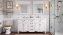 Chans Furniture Rocaille Victorian bathroom vanity, white with a distressed finish, double sink, wainscot wall, glass shower