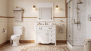 Chans Furniture Rocaille Victorian bathroom vanity, white with a distressed finish, single sink, mirror, tiled bathroom