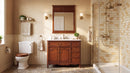 Antique brown Rocaille Victorian bathroom vanity in a bathroom with a mirror and glass shower