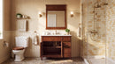 Antique brown Rocaille Victorian bathroom vanity in a bathroom with a mirror, doors open showing the shelf