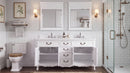 Chans Furniture Rocaille Victorian bathroom vanity, white with a distressed finish, double sink, open cabinets in bathroom