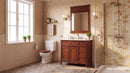 Antique brown Rocaille Victorian bathroom vanity, angled bathroom view with mirror and window