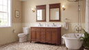 Antique brown Rocaille Victorian double vanity, angle view in a bathroom with two mirrors and a window