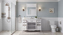 Chans Furniture Rocaille Victorian bathroom vanity, white with a distressed finish, single sink, doors open in bathroom