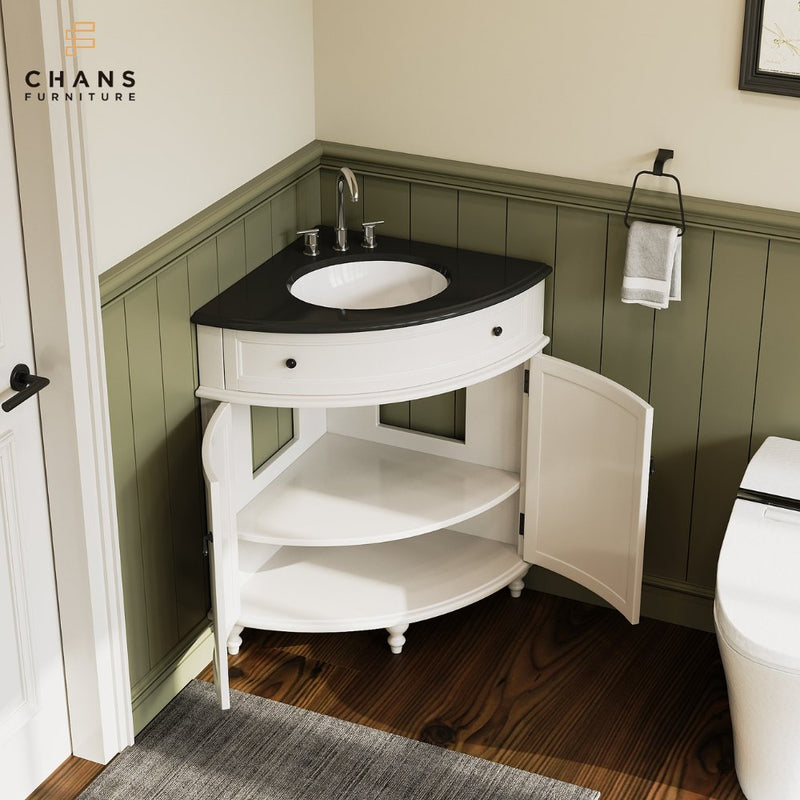 24" Thomasville Corner Shape White Bathroom Sink Vanity With Marble Top - Model