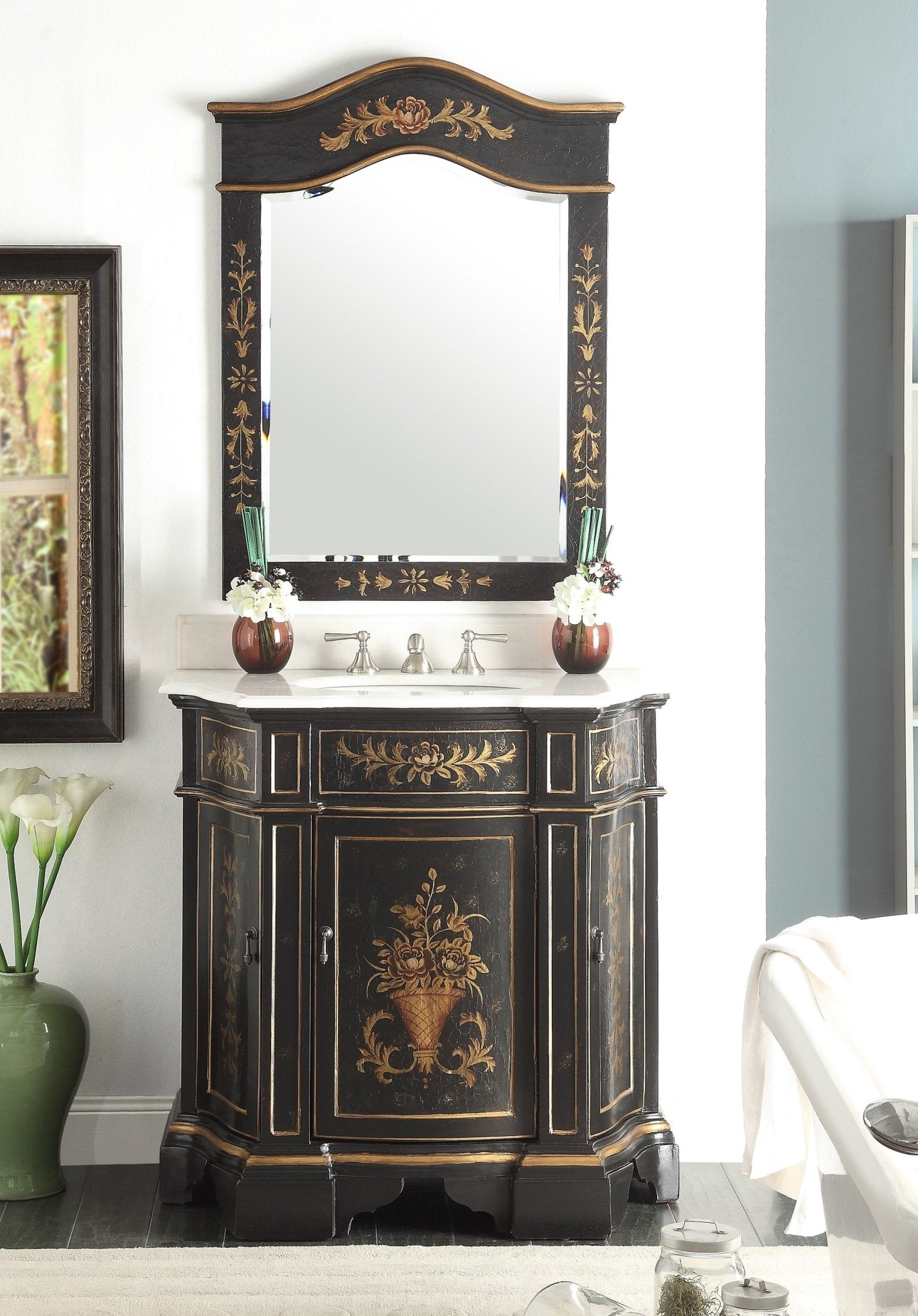 35 Inch Black Bathroom Vanity With Hand-Painted Floral Design – Chans ...