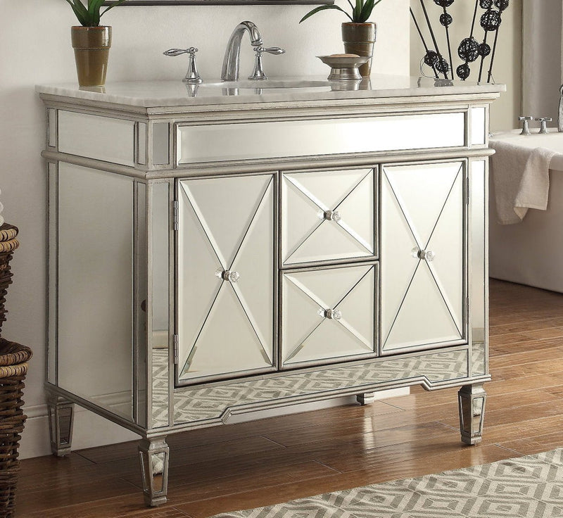 44 inch bathroom vanity mirrored reflective style with carrara marble top