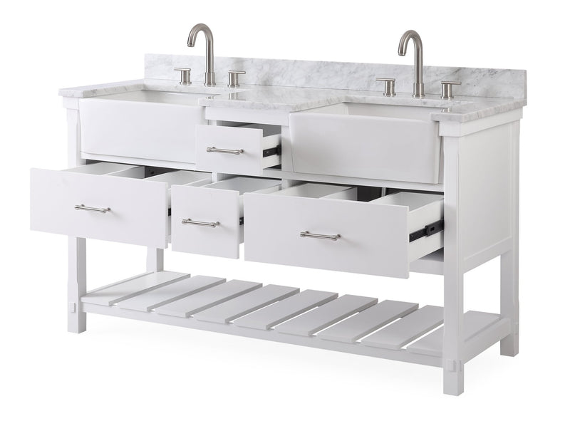 The Mag Barnwood Vanity With Double Farmhouse Apron Sinks And Linen Tower