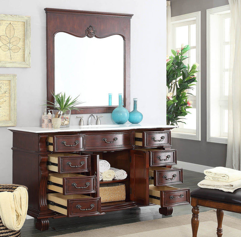 60" Traditional Style Cherry Wood Hopkinton Bathroom Sink Vanity White Marble Top GD-4437W-60 - Chans Furniture
